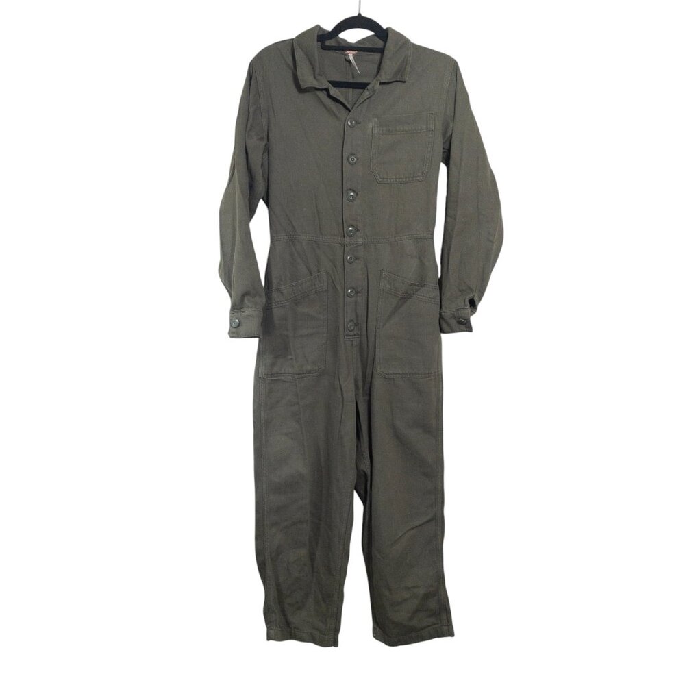 Free People Gia Coverall Jumpsuit Army Green Revolve SZ M Fitted Ankle Cotton
